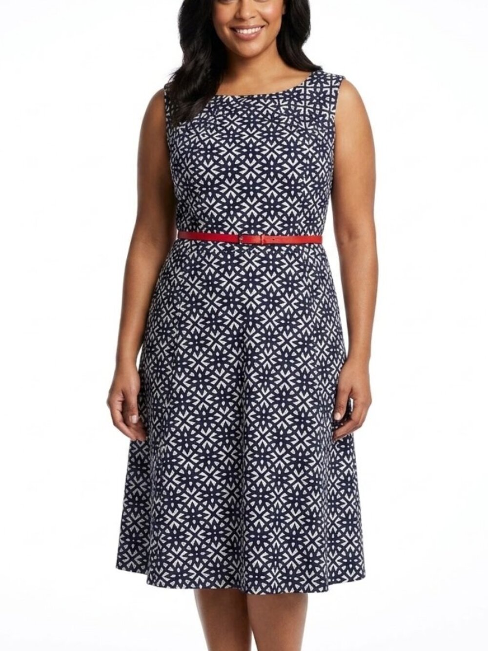 Roz & Ali Mod Geometric Fit & Flare Dress Navy White Red Belt Size 20